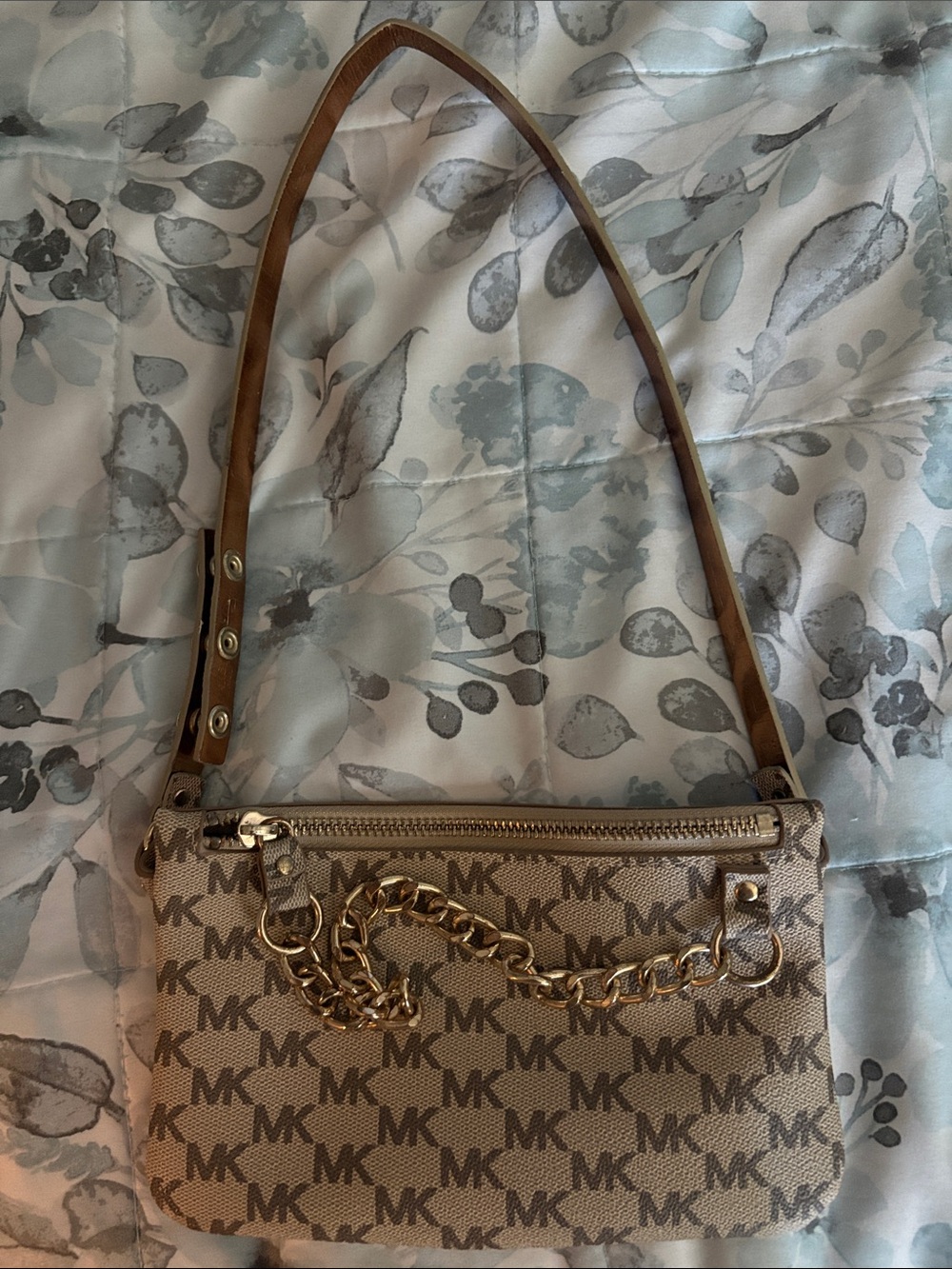 Michael Kors Beige Brown Logo-Print Shoulder Bag with Gold Chain